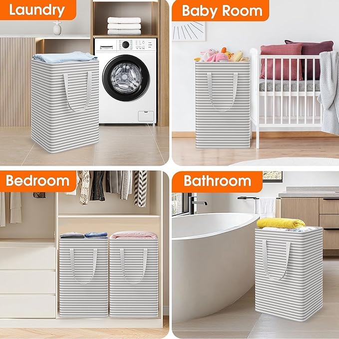 3 Pack Laundry Basket, Waterproof & Freestanding Large Laundry Hamper, Collapsible Clothes Hampers with Easy Carry Long & Reinforced Handles in Bedroom Bathroom, College Dorm(75Lx3, Gray)