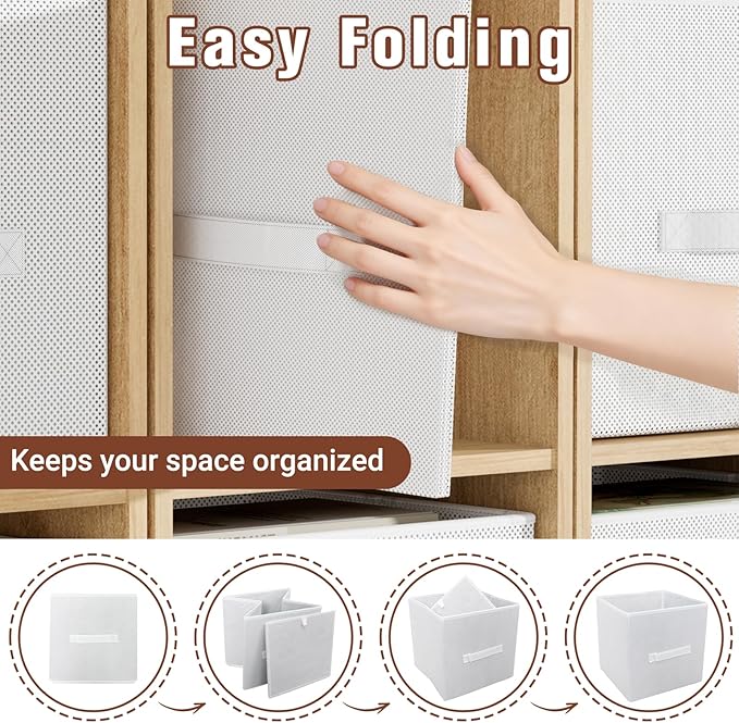 Fabric Storage Bins, Foldable Storage Cubes Baskets with Handle for Organizing, Collapsible Bins Cube Organizer Baskets for Closet, Shelves, Clothes, Towel (White, 2 Pack)