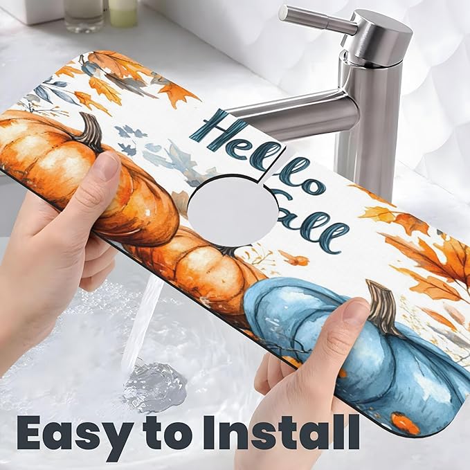 3Pcs Pumpkin Dish Drying Mat & Kitchen Sink Splash Guard Faucet Mat For Kitchen Counter,Hello Fall Absorbent Microfiber Dishes Pad Dish Drainer Rack Mats Fast Dry Kitchen Accessories