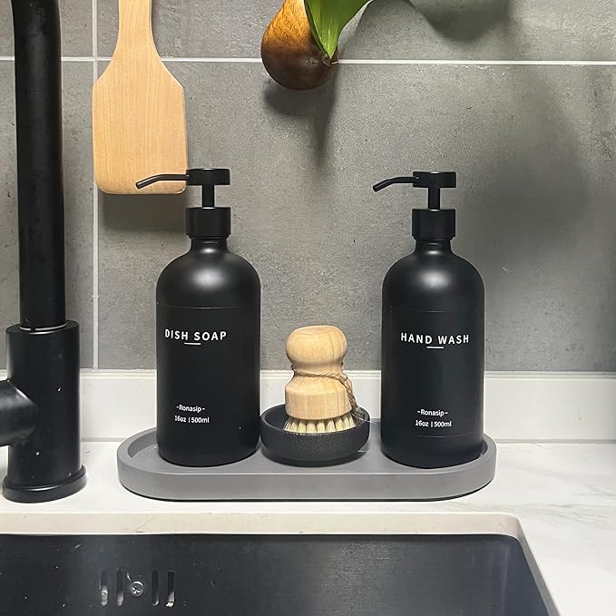 Set of 5 Kitchen Soap Dispenser Set 16 Oz Glass Hand Dish Soap Dispenser with Stainless Steel Pump, Cement Tray, Dish Scrub Brush for Farmhouse Rustic Home Bathroom Decor (Black)