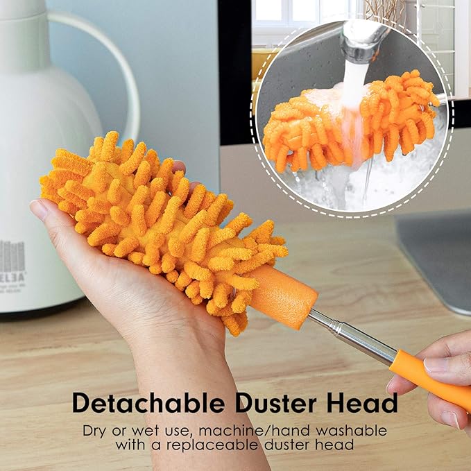 Microfiber Duster for Cleaning, Tukuos Hand Washable Dusters with 4pcs Replaceable Microfiber Heads, Extendable Pole, Detachable Cleaning Supplies for Office, Car, Window, Furniture, Ceiling Fan