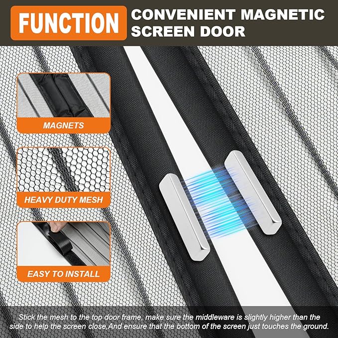 Magnetic Screen Door Mesh, Easy Install, Heavy Duty Fiberglass,Self Sealing Door Screen for Single Door Size 31 x 80 Inch, Screen Door Size 34 x 82 Inch - Black