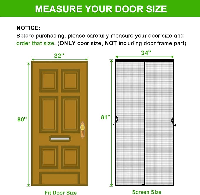 Magnetic Screen Door Fits Door Size 32 x 80, Screen Size 34" x 81", Heavy Duty Fiberglass Net Curtain, Strong Magnets Mesh, Black