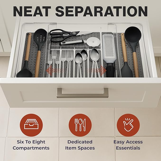 Masirs Expandable Utensil Drawer Organizer - BPA-Free Plastic Clear Silverware Tray with Multiple Compartments - Non-Slip Cutlery Storage for Kitchen, Bathroom, or Office Drawers (Black)