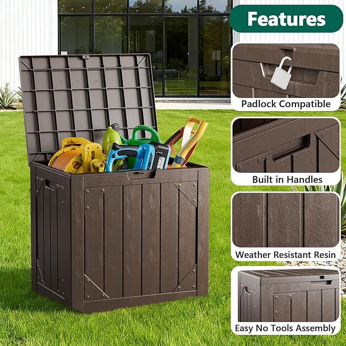 Outdoor Storage Box,30 Gallon Deck Box Outdoor Storage Bench Outside Waterproof Resin Storage Bench, Lockable Patio Cushions, Garden Tools Storage For Furniture, UV Resistant