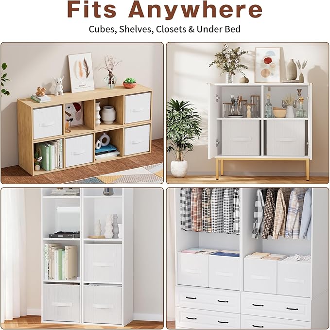 Fabric Storage Bins, Foldable Storage Cubes Baskets with Handle for Organizing, Collapsible Bins Cube Organizer Baskets for Closet, Shelves, Clothes, Towel (White, 4 Pack)