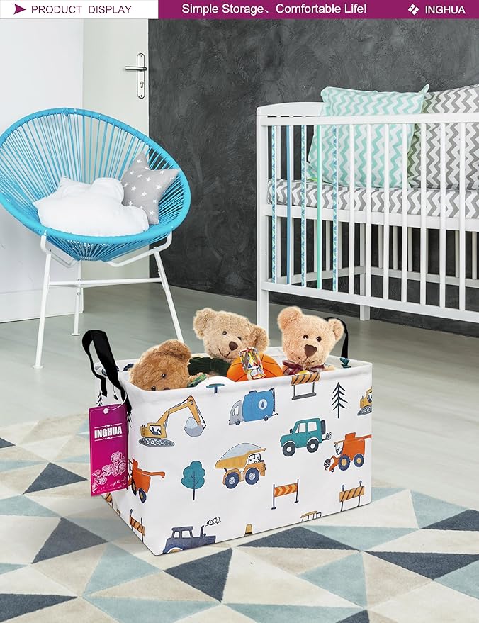 Rectangular Storage Basket Fabric Organizer Bin for Toys,Books,Clothes,Gifts,Pets-Perfect for Home,Office,Nursery,Dorm,Shelf(Rec-Vehicles )