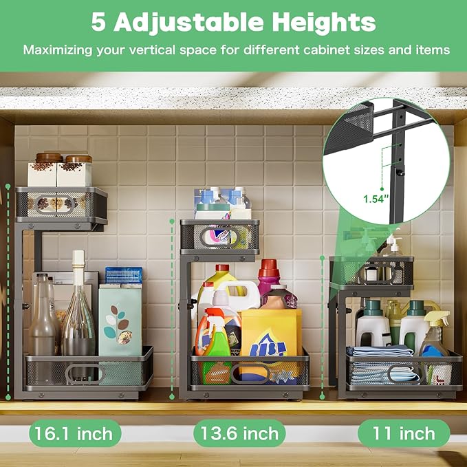 Under Sink Organizer, High Adjustable 2 Tier Under Sink Organizers and Storage, Slide Out Metal Cabinet Organizers, Pull Out Sink Storage Drawer Shelf for Kitchen Bathroom Cabinet, Black, 2 Pack