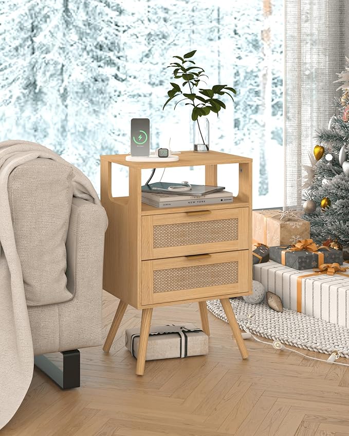 Veegle Rattan Nightstand with Charging Station,Modern Bedside Table with 2 Storage Drawer and Open Wood Shelf, for Bedroom and Small Spaces,Night Stand with Solid Wood Legs (Yellow Oak)