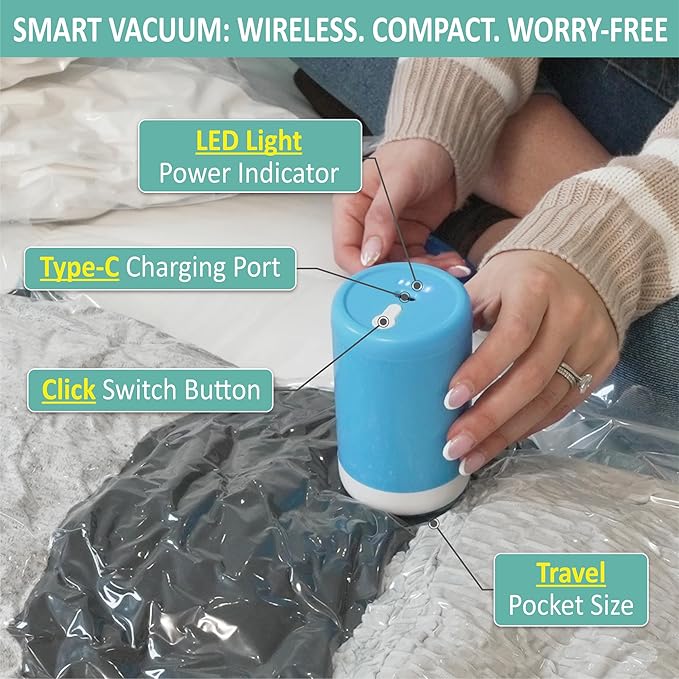 Cozy Essential 8 Pack Travel Vacuum Storage Bags with Rechargeable Wireless Electric Pump for Luggage, Suitcase, Carry-on Size Vacuum Seal Compression Space Saver Bags for Clothes and Clothing Travel