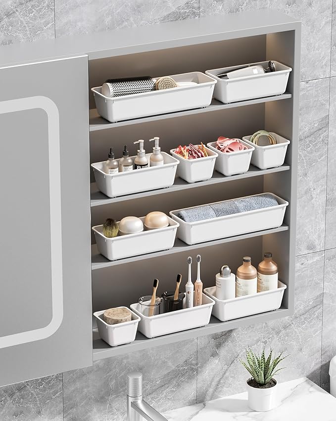 13 Pack Plastic Drawer Organizers Set, 3 Sizes Desk Drawer Organizer Trays for Vanity and Makeup Organizer, Organization and Storage for Makeup, Kitchen Utensils, Bathroom and Office(White)