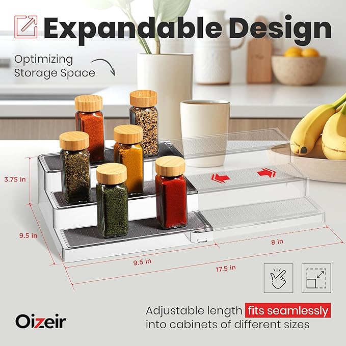 Oizeir Expandable Spice Organizer Rack (2-PACK) - 3-Tier - Clear Adjustable Tiered Shelf Spices Organization for Kitchen Cabinet and Pantry Storage