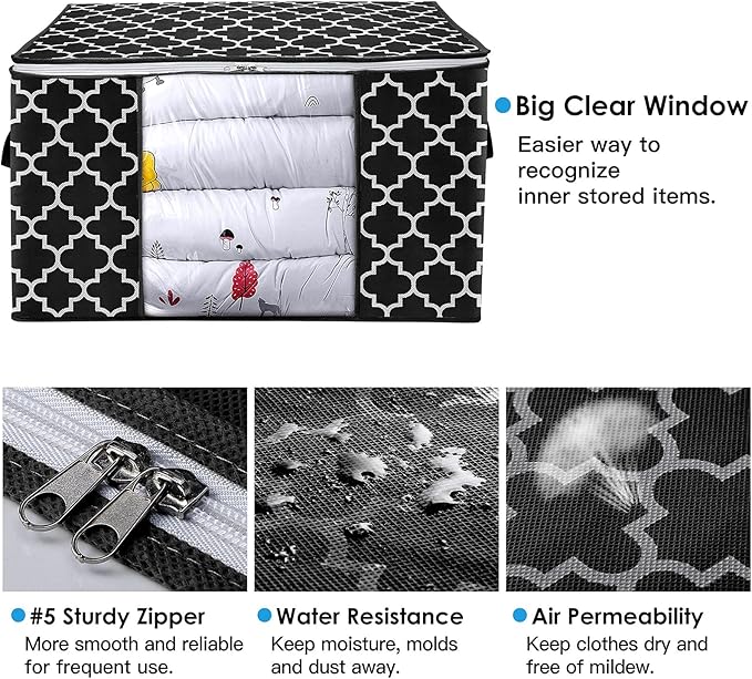 WISELIFE Storage Bags 100L 6-Pack Large Blanket Clothes Organization and Storage Containers for Bedding, Comforters, Foldable Organizer with Reinforced Handle, Clear Window, Sturdy Zippers