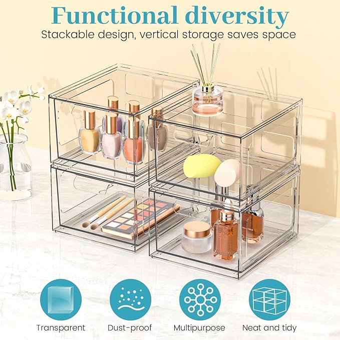 4 Pack Stackable Plastic Makeup Organizer Drawers, Acrylic Organizers, Clear Storage Bins with Pull-Out Handles for Vanity, Kitchen Cabinets, Pantry