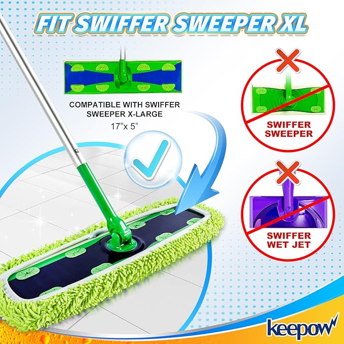KEEPOW Reusable XL Mop Pads Compatible with Swiffer XL Sweeper, XL Dry Sweeping Cloths, XL Wet Mopping Cloths, Washable Microfiber XL Wet Pads Refills for Surface/Hardwood Floor Cleaning, 8 Pack