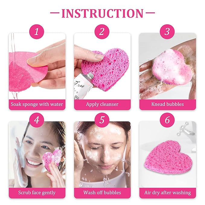 120-Count Kickleen Compressed Cellulose Heart Shape Facial Sponges | Natural Cosmetic Spa Sponges for Facial Cleansing | Exfoliating | Makeup Mask Removal | Reusable | Skin Massage (120 Count (Pink))