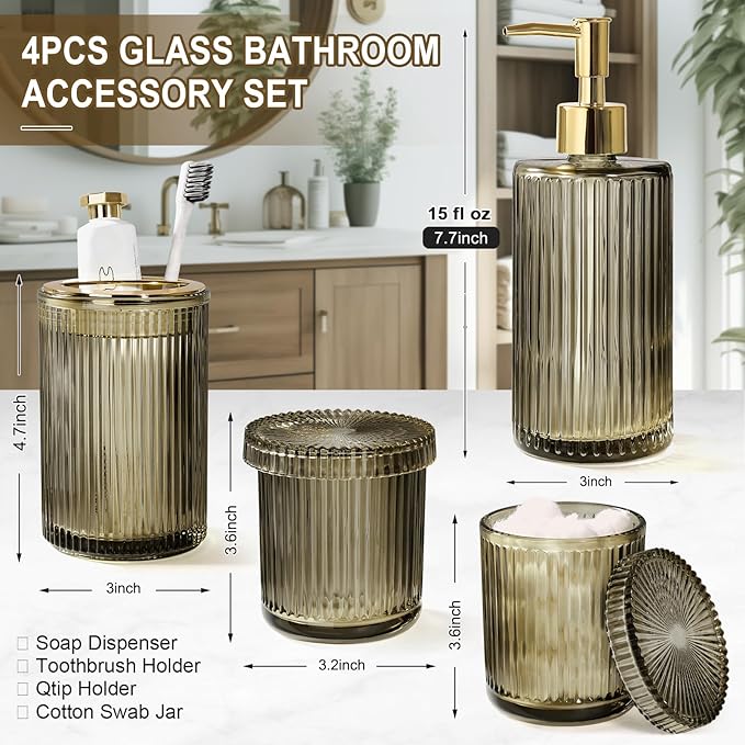 Brown Glass Bathroom Accessories 4 Pcs, Brown Bathroom Set, Soap Dispenser and Toothbrush Holder Set, Qtip Holder Set, Vintage Bathroom Sink Set, Modern Bathroom Decor