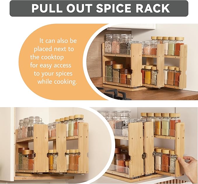 Bamboo Pull Out Spice Rack Organizer for Cabinet, 3 Slide-Out Drawers(2"&3") with Wide Drawer for Large Bottles, Kitchen Pantry Heavy-Duty Sliding Vertical Organization, 8.6"W,2-Tier,No Drill,Natural
