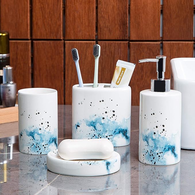 Ceramic 4-Piece Bathroom Accessories Set Complete Hand Paint Bath Countertop Accessory Soap Dispenser Set
