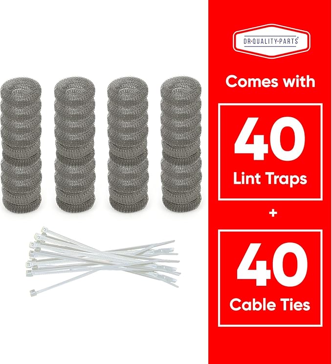 DR Quality Parts Washing Machine Lint Trap – Stainless Steel Hose Filter, Mesh Drain Catcher, Washer Sock Lint Remover, Rust-Free Snare Laundry Filter with Nylon Cable Ties, 29cmx6.5cm – 40-Pack