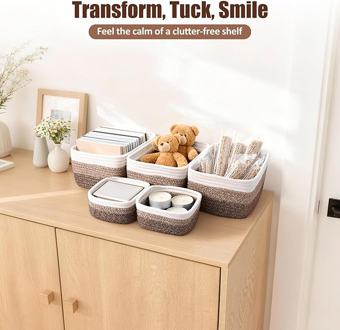5-Pack Small Woven Rope Storage Baskets – 2 Sizes Organizer Bins for Closet, Shelf, Bookshelf, Nursery, Changing Table, Fabric Cube Boxes, Rectangular Shallow Bins for Bathroom, Toy & Home