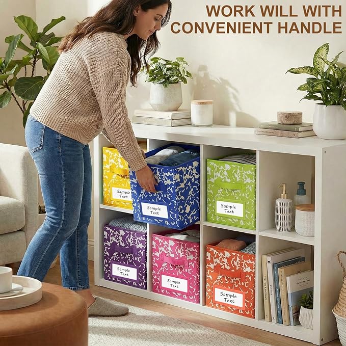 LemonRoad 6 Fabric Storage Cube 11 Inch Foldable Marble Storage Bin with Label for Organizing Pantry, Toy Box, Clothes Closet Collapsible Basket for School Organizing with Handle(Rainbow, Label Style)