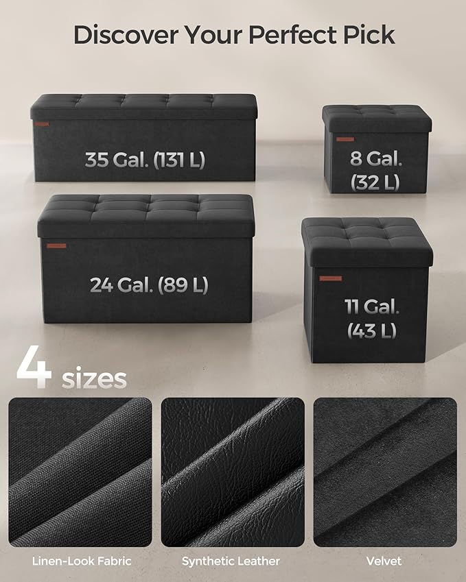 SONGMICS Storage Ottoman, Foldable Small Ottoman Foot Rest, 12.2 x 16.1 Inches Foot Stool, Ottoman with Storage, Load up to 286 lb, for Living Room, Bedroom, Dorm, Ink Black ULSF200B01