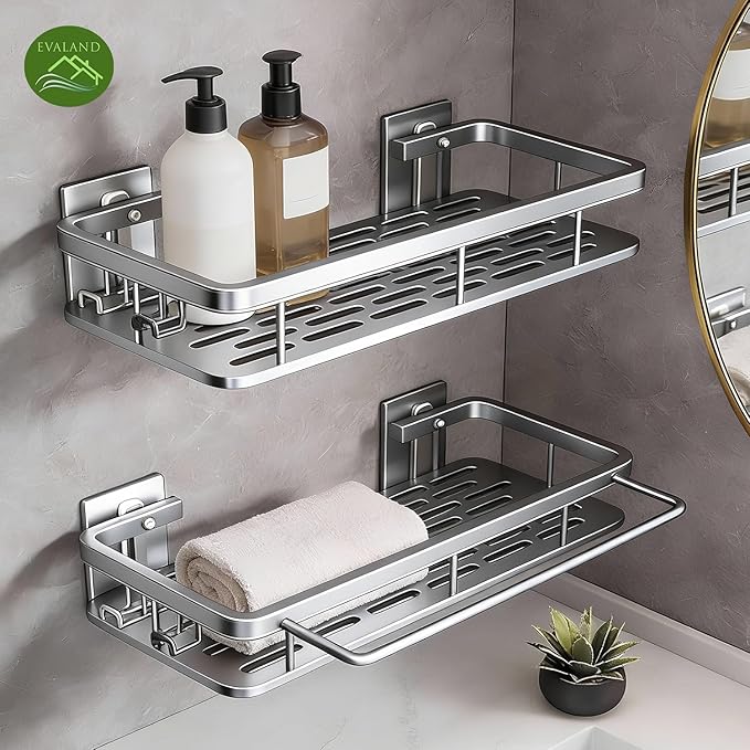 EVALAND Shower Caddy Adhesive 2-Pack with Hooks and Rod for Towels, Silver – Premium Bathroom Shower Shelves, Shampoo Organizer, Bathtub Shelf, Rustproof, Easy Installation, Sturdy Modern Look