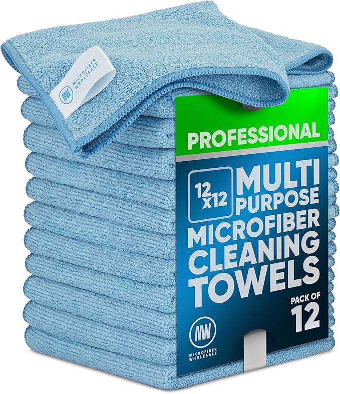 MW PRO Microfiber Cleaning Cloths Blue (12 Pack, 12x12) - Commercial Janitorial Towels & Lint Free Rags - Heavy Duty for Auto Detailing, Glass Windows, Housekeeping & Screens - Washable 300+ Times