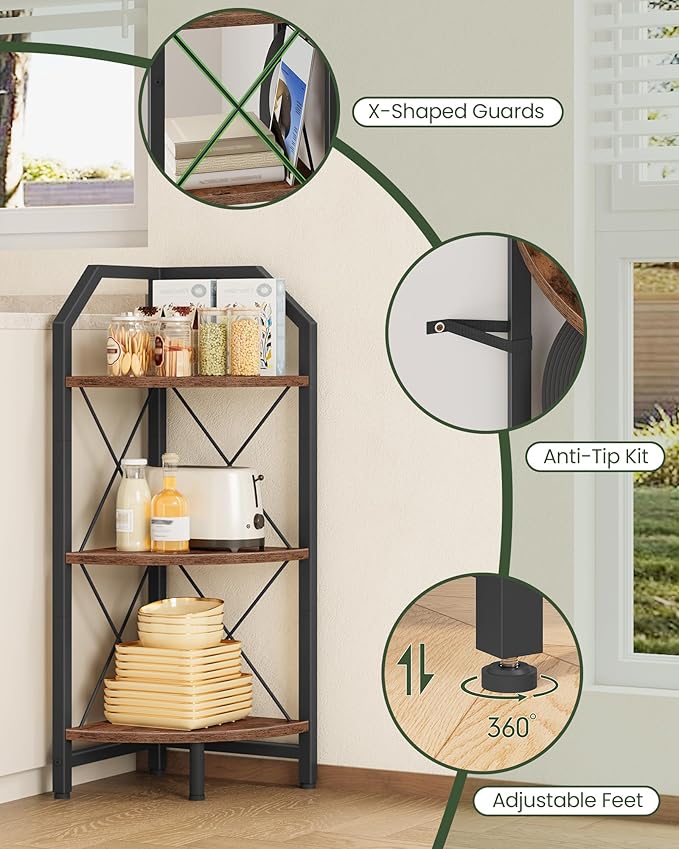 3-Tier Corner Shelf, Industrial Corner Bookshelf, 35.4" Storage Stand, Plant Stand Display Shelf, Bookcase for Bedroom, Living Room, Home Office, Rustic Brown and Black TCJ03BF