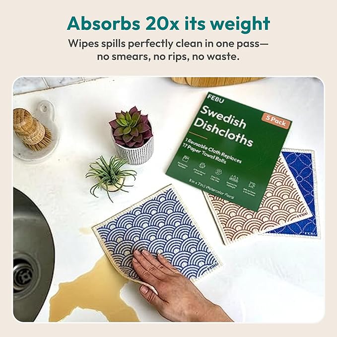 FEBU Swedish Dishcloths for Kitchen | 5 Pack Japanese Reusable Paper Towels Washable | Swedish Dish Towels | Non-Scratch Cellulose Sponge Cloths | No Odor, Biodegradable Cleaning Cloths