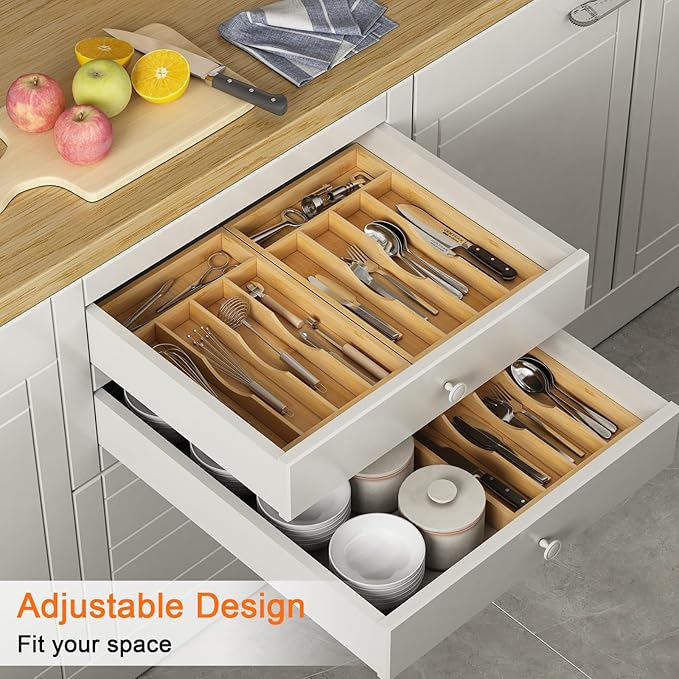 Bamboo Utensil Organizer for Kitchen Drawers, Utensil Tray and Cutlery Silverware Holder,Wood Drawer Dividers with 5 Slots（2 pack）