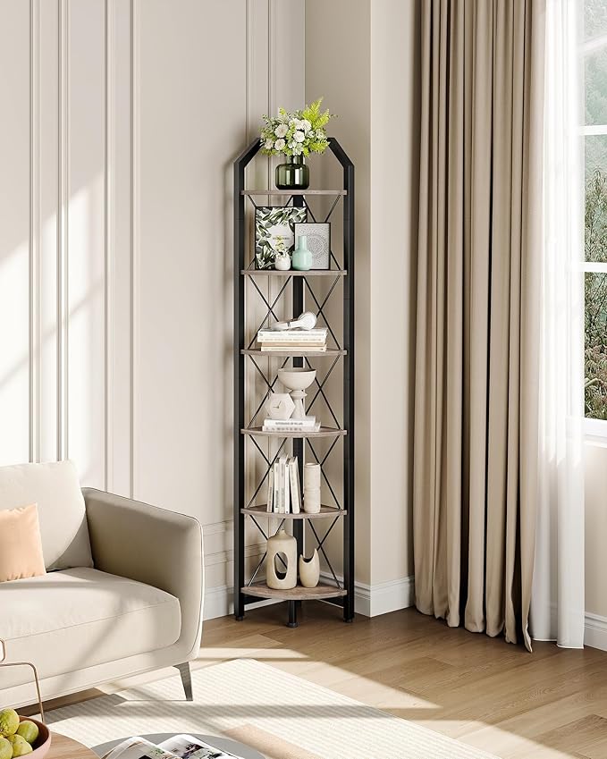 6-Tier Corner Shelf, Industrial Corner Bookshelf, 71.2" Corner Storage Stand, Plant Stand Display Shelf, Corner Bookcase for Bedroom, Living Room, Home Office, Greige and Black TCJ11BG