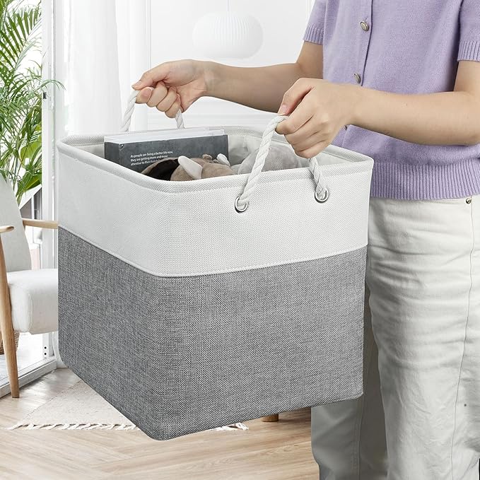 13x13 Storage Cube Bins 4Pack,Collapsible Cube Storage Organizer for Closet, Fabric Storage Box w/ Rope Handles, Foldable Storage Baskets for Shelves, Clothes,Closet Organization - White/Gray