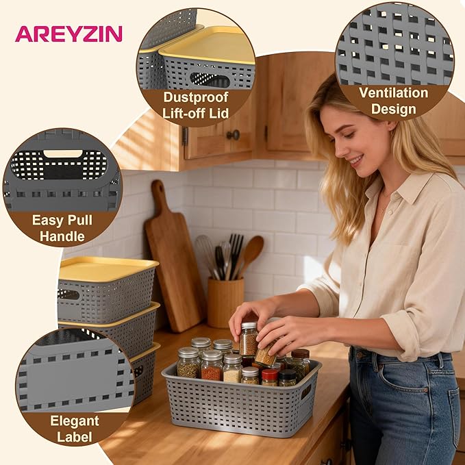 AREYZIN Plastic Storage Bins with Lid,Stackable Storage Bins and Storage Baskets for Shelves,Small Baskets for Organizing, Small Storage Bins,10.2x7.2x4.1 Inch,6-Pack, Gray