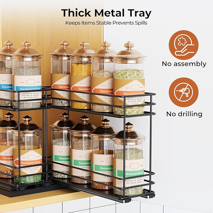 Pull Out Spice Rack Organizer for Cabinet, Slide Out Spice Racks, Easy to Install, 7.08" Wx10.43 Dx8.26 H, 2 Drawers 2 Tiers(Black)