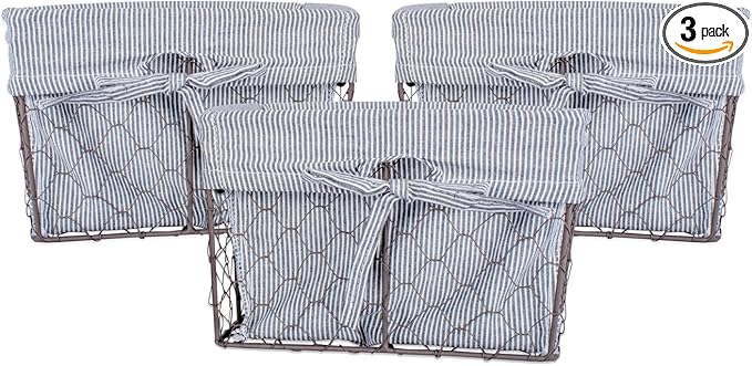 DII Farmhouse Chicken Wire Storage Baskets with Liner, Small, Rustic Black & White Ticking Stripe, 9x7x6", 3 Piece