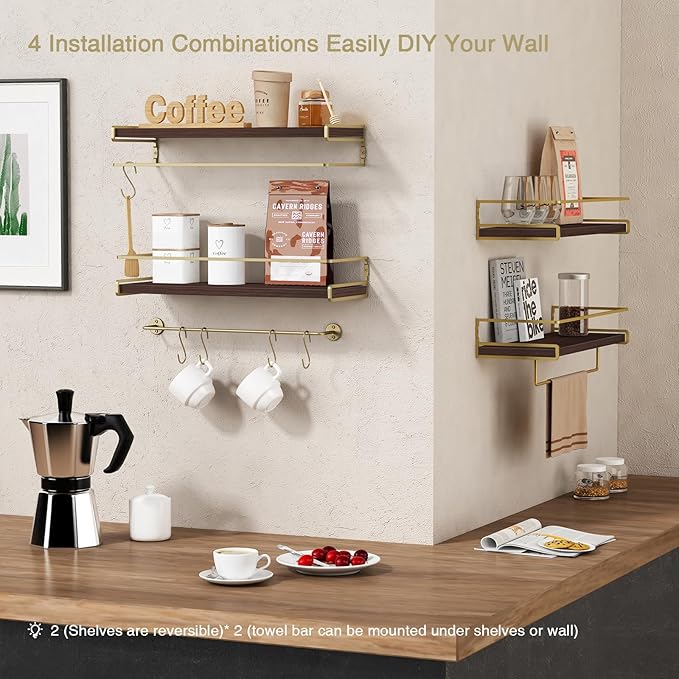 Floating Shelves Bathroom Shelves Over Toilet Set of 2, Bathroom Wall Shelves with Towel Bar, Wall Mounted Vanity Shelf for Bedroom, Kids Room, Kitchen (Brown & Gold)