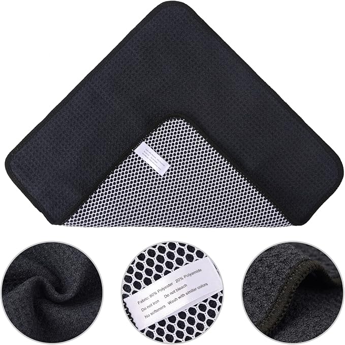 KinHwa Kitchen Washcloths for Dishes Absorbent Microfiber Dish Cloths Quick Dry Dish Rags with Poly Scour Scrub Side Ideal for Kitchen Cleaning (Black-B, 12inchx12inch 6 Pack)