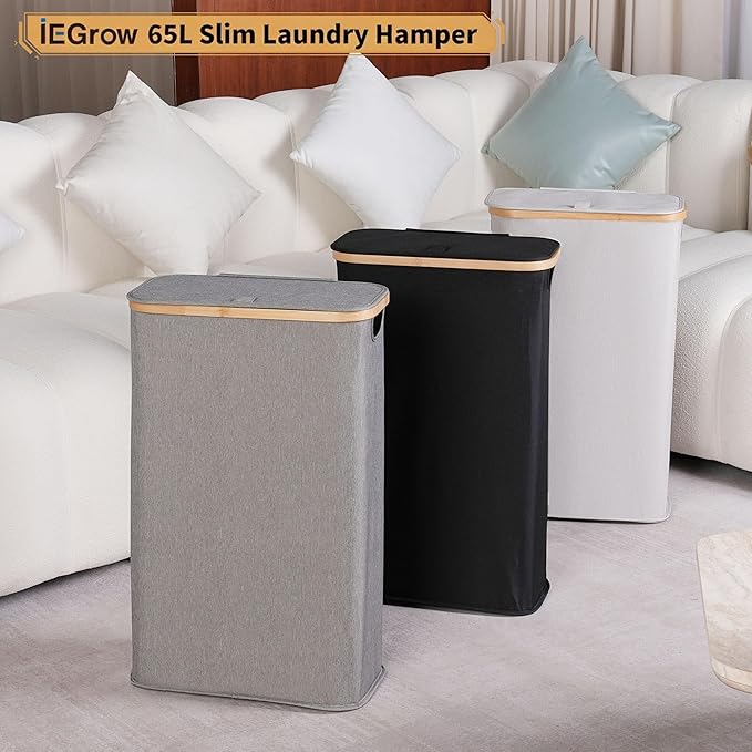65L Slim Laundry Hamper, Narrow Laundry Basket with Lid,Foldable Clothes Hamper with Bamboo Handles,Hamper Basket with Removable Inner Bag for Laundry Room Bedroom College Dorm,17.17 Gals Grey