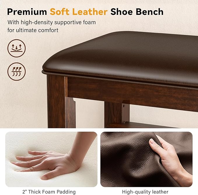 Taitiy Shoe Bench Storage Rubberwood with Leather Cushion for Entryway Bench Ideal for Hallways Shoe Rack Front Doors Entrances Mudrooms Featuring 3 Height-Adjustable and Removable Shelves
