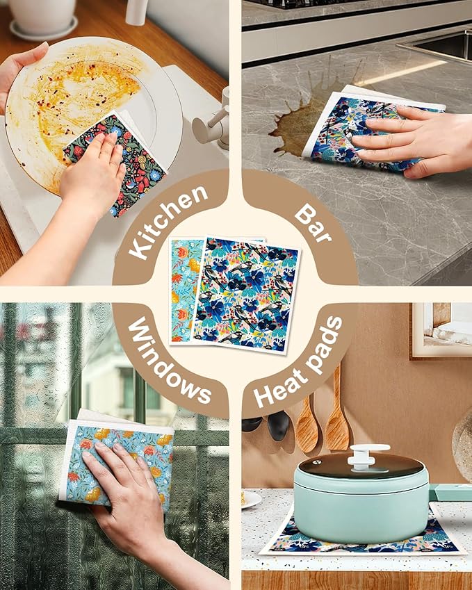 Kitchen Swedish Dishcloths with Hooks - 6 Pack Reusable Dish Cloths for Washing Dishes Fast Drying Cute Fun Swedish Dish Towels Washable Cleaning Sponge, Full Blown Flowers
