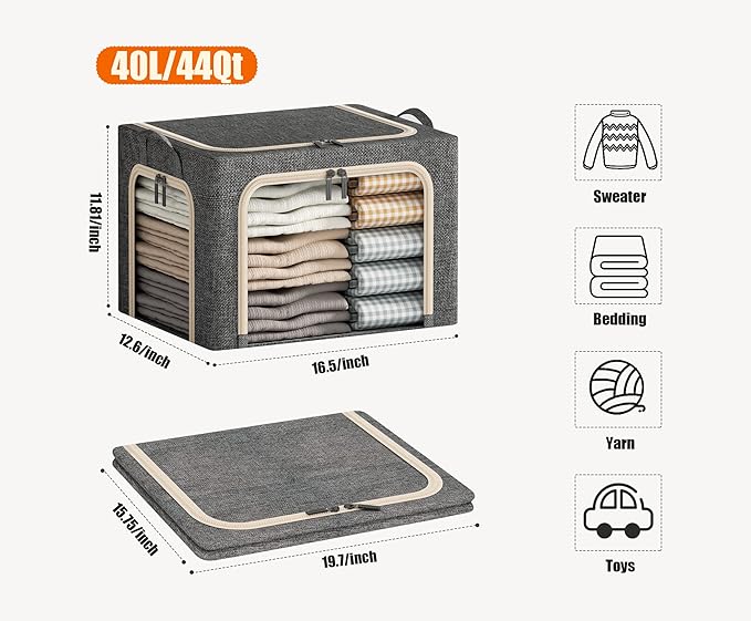 3 Openings Clothes Storage Bins with Metal Frame, Foldable Storage Bin for Clothes, Clothing Storage Bins with Lid, Linen Storage Box With Clear Window＆ Zippers＆ Durable Handles.(3 Pcs,Dark Grey,40L)