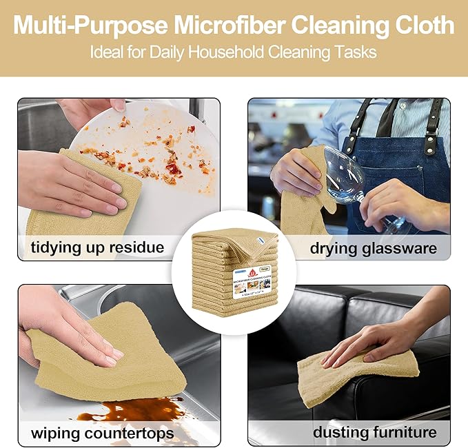 HOMERHYME Microfiber Cleaning Cloth, 12 Pack Biege Cleaning Rags,12" X 11" Lint Free Dish Towels Wash Cloths, Reusable Microfiber Towels for Home and Kitchen Bathroom Apartment Cleaning Supplies