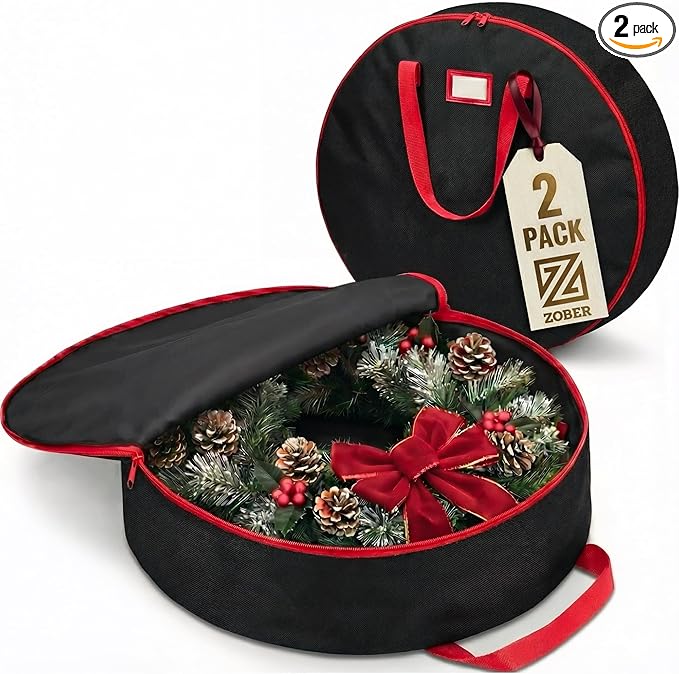 ZOBER 2 Pack Oxford Christmas Wreath Storage Container 48 Inch - Wreath Bag for Artificial Wreaths Box - Waterproof Fabric, Dual Zippered Wreaths Storage Bag With Strong Durable Handles - Black