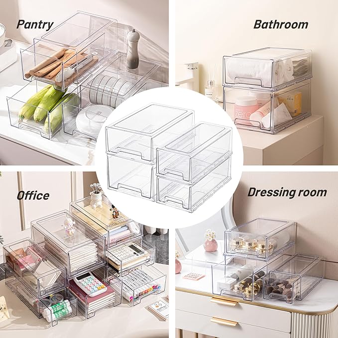 2 Pack Stackable Storage Drawers, Plastic Clear Organizer Bins with Handles for Undersink, Kitchen Cabinet, Fridge, Closet, Pantry, Office, Bathroom