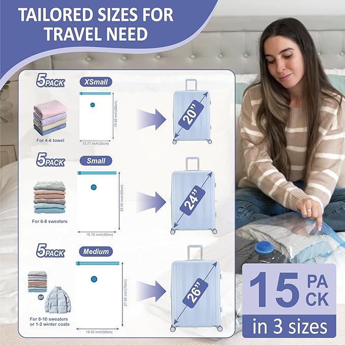 Cozy Essential 15 Pack Travel Vacuum Storage Bags with Rechargeable Wireless Electric Pump for Luggage, Suitcase, Carry-on Size Vacuum Seal Compression Space Saver Bags for Clothes and Clothing Travel