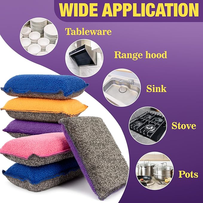 MAQIHAN 8 Pack Microfiber Sponge Kitchen - Dish Scrubber Sponge Non-Scratch Reusable High Density Heavy Duty Kitchen Sink Dish Sponge for Washing Dishes, Pans, Household Cleaning Sponges 4 Colors.