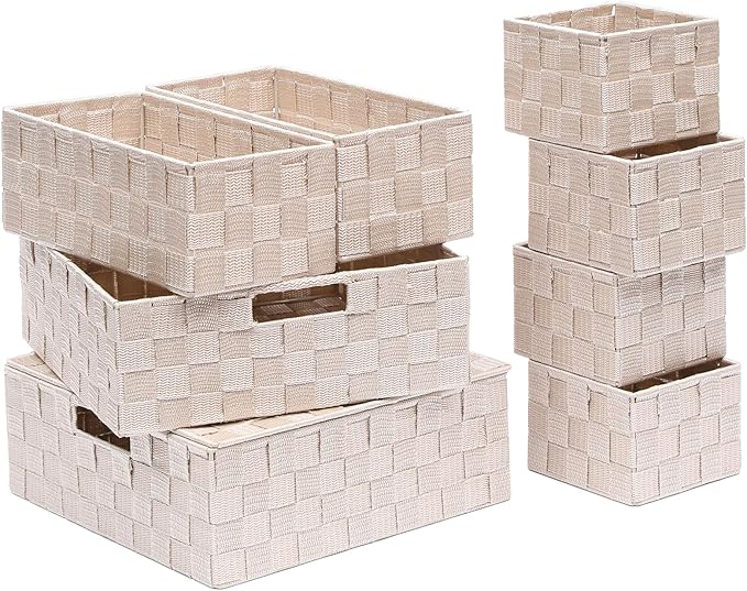 Storage Bins Woven Organizer with Lids Set of 8 – Polypropylene Storage Baskets with Metal Frame, Stackable Fabric Boxes for Drawers, Closet, Shelf, Nursery and Office, Beige