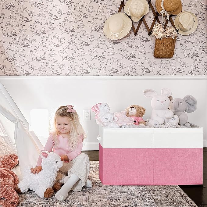 INDRESSME 25"x13"x16" Large Toy Storage Box with Lid, Collapsible Storage Organizer Baby Toy Storage for Kids Boys Girls, Toy Bin Organizer for Nursery, Bedroom, Living Room (Pink & White)